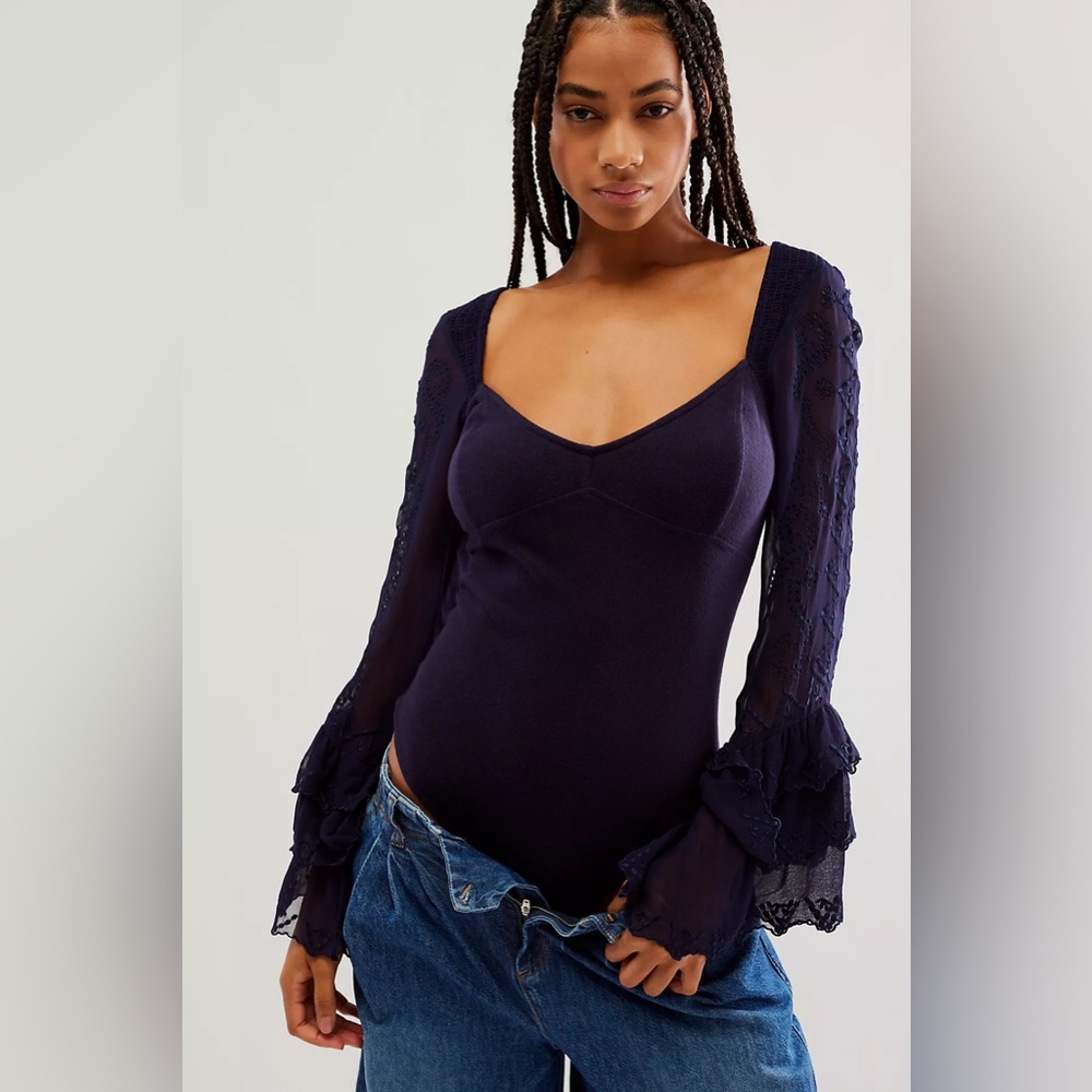 NWOT Free People Enchanted By You Bodysuit • Large • Navy
